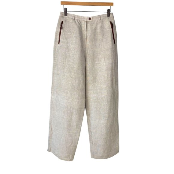 Vintage 90s Cream High Rise Linen Wide Leg Pants 10 Tall - Picture 1 of 11